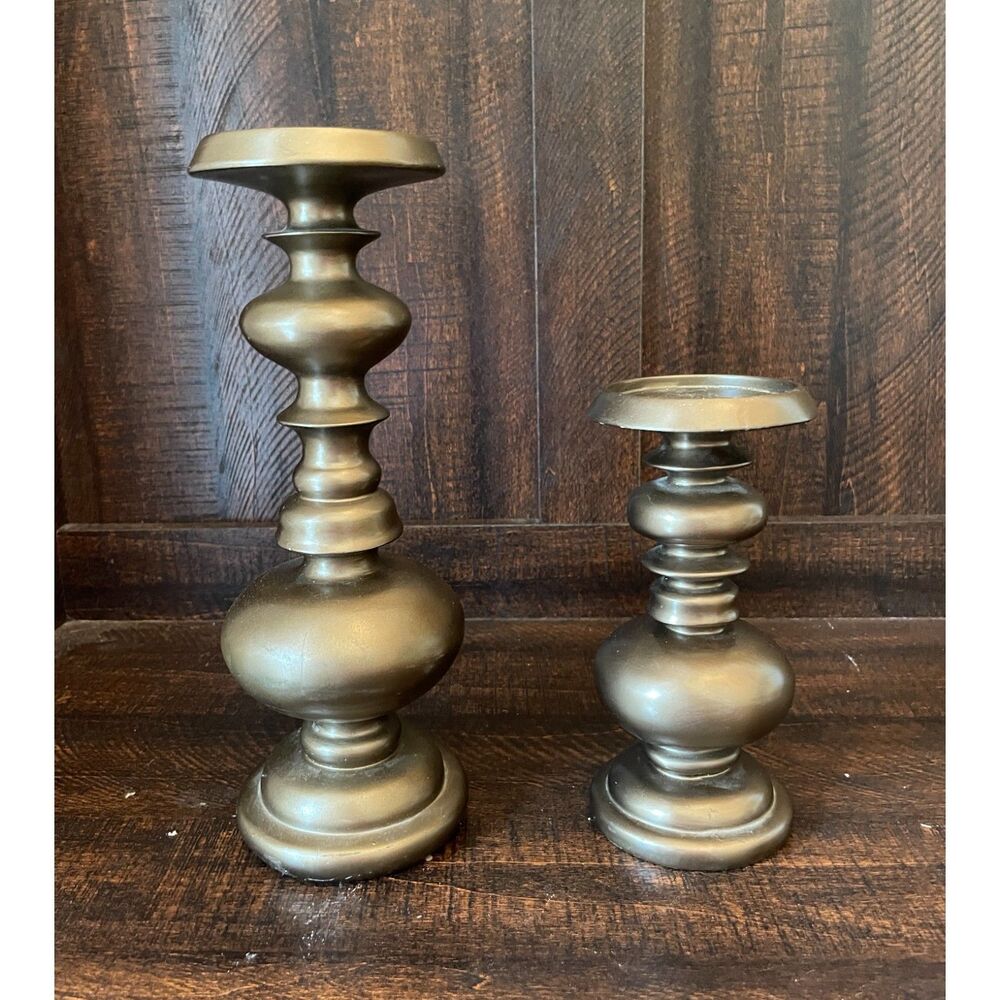 Sculptural Pillar Candle Holders Set of 2 Gold Bronze 12” & 8”